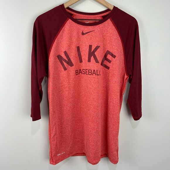 Nike Red and Maroon 3/4 Sleeve Baseball Drifit Shirt M - Picture 1 of 6